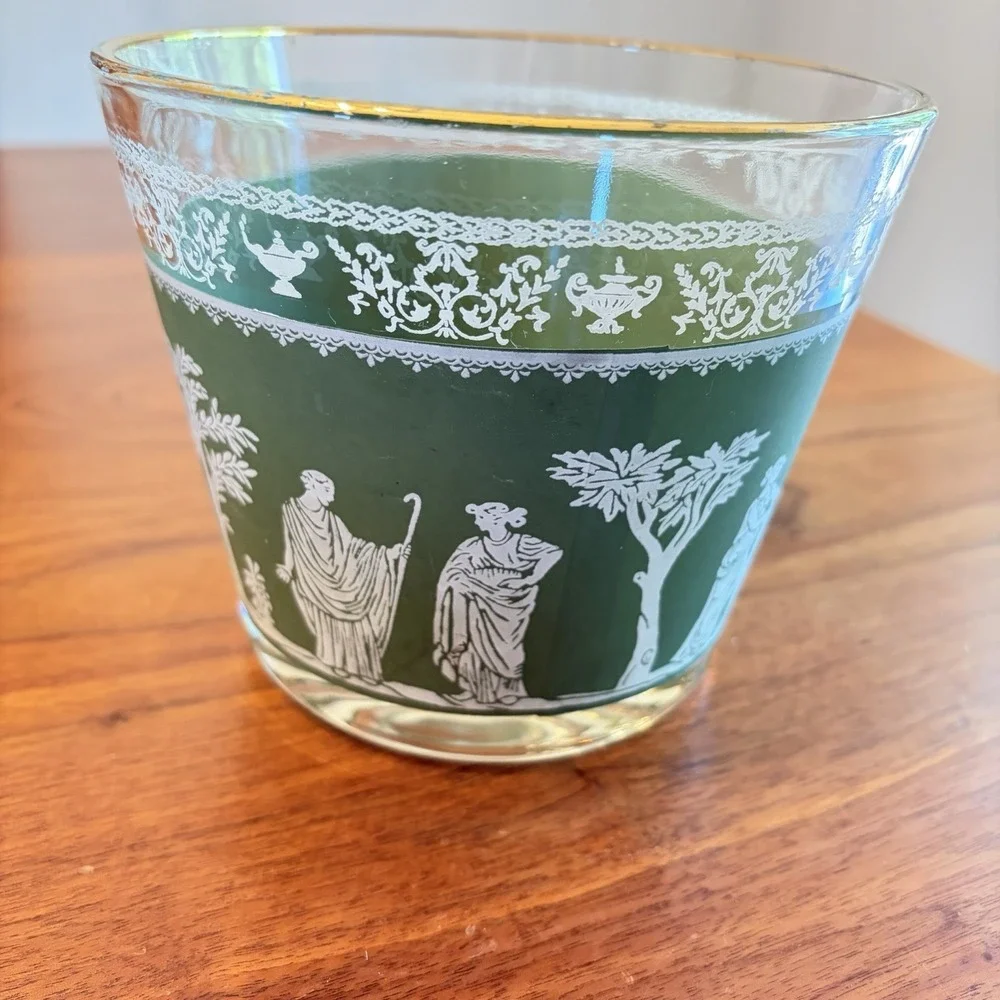 Vintage 1960s Jeanette Glass Green Hellenic Small Glass Ice Bucket MCM